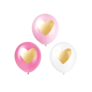 Balões Rosa e Branco com Coração Dourado 30cm